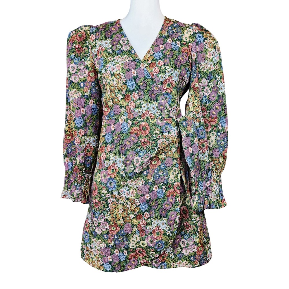 FRNCH Wrap Mini Dress Womens Small Floral Tapestry Cottagecore Casual Retro Work